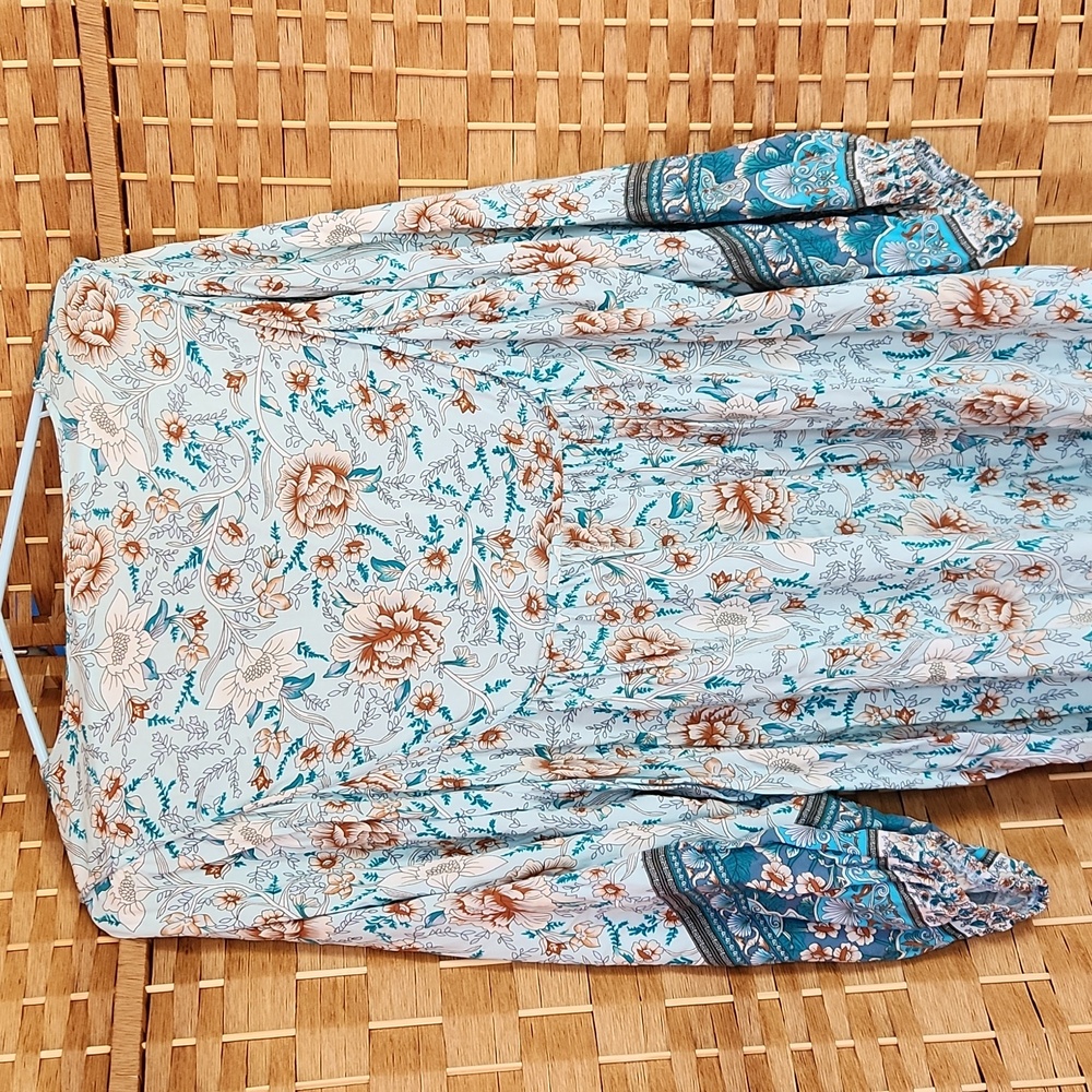 Temofon, Bohemian Teal, Blue, Brown, Floral  Fall, Spring Longsleeve Dress Sz XL - Picture 7 of 10